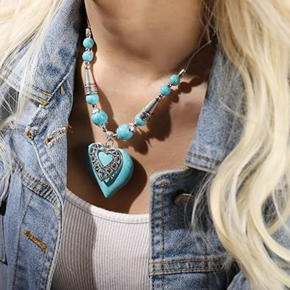 Boho Turquoise Chunky Heart Necklace Bohemian Summer Beach Ocean Fashion Jewelry